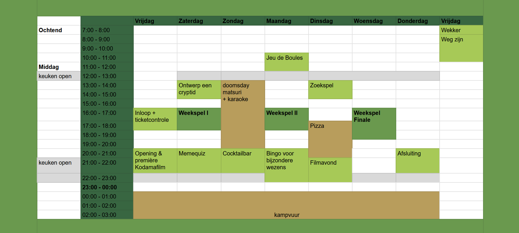 weekschema Kodama Camp